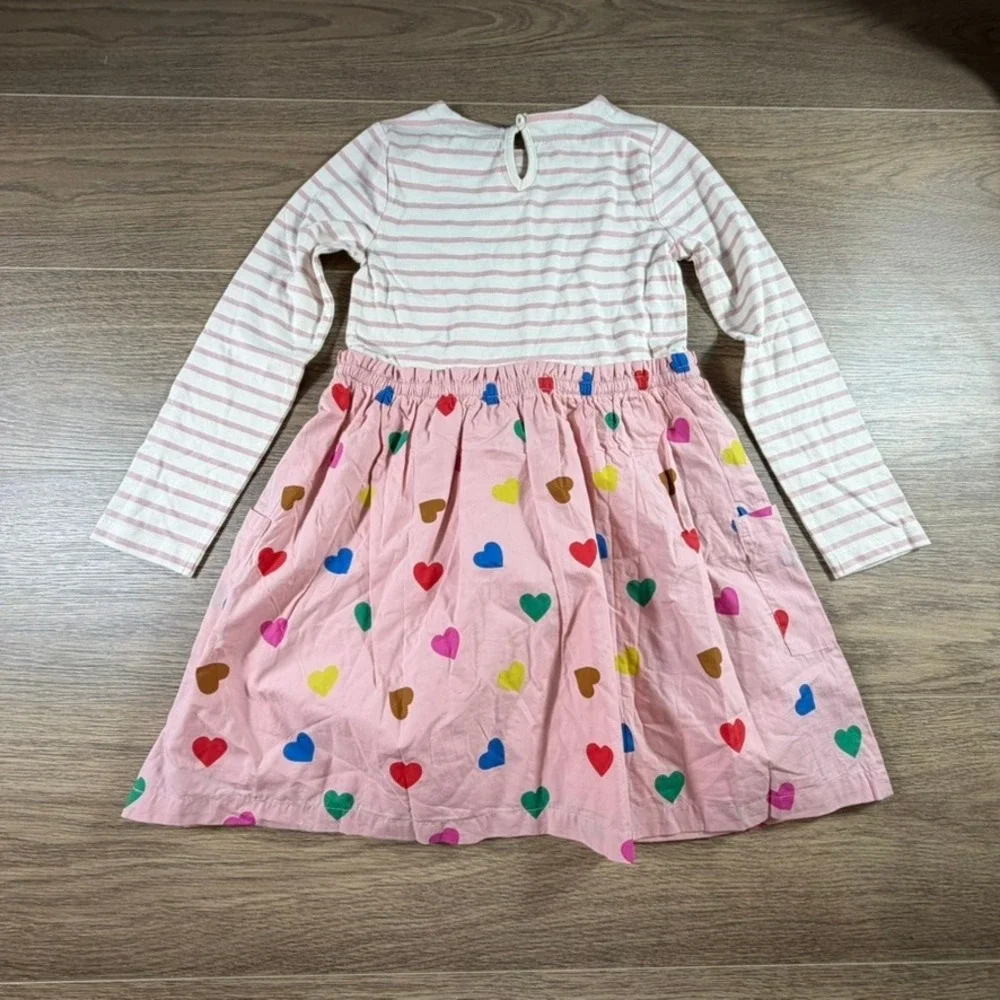 Mini Boden Girls Pink Striped Heart Print Long Sleeve Mixed Media Dress 7/8